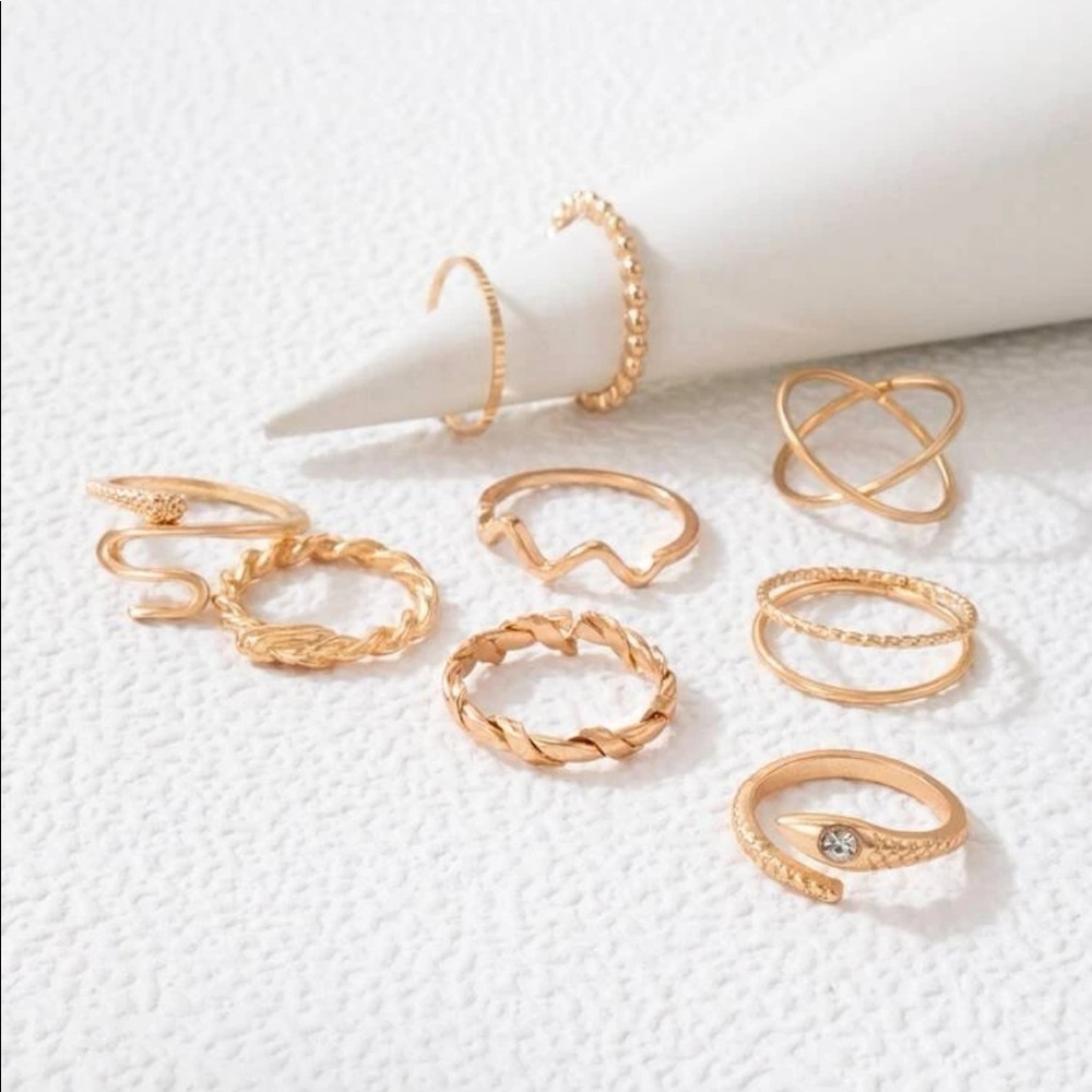 Gold 9pc Rhinestone Snake Ring Set - Picture 2 of 2